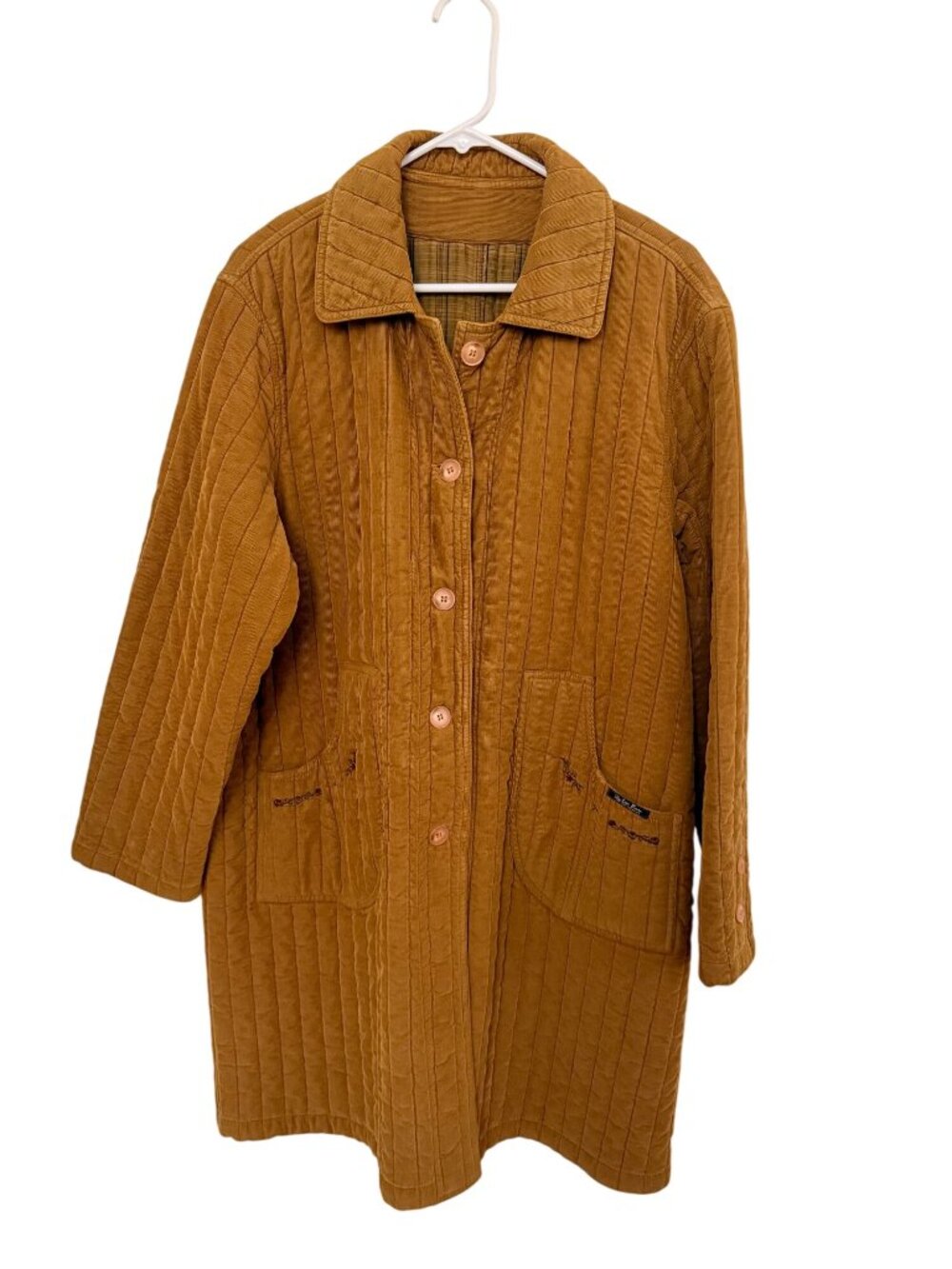 Rare 80s Vintage Lee Bon Quilted Corduroy Chore Coat | Plaid Lined Duster |